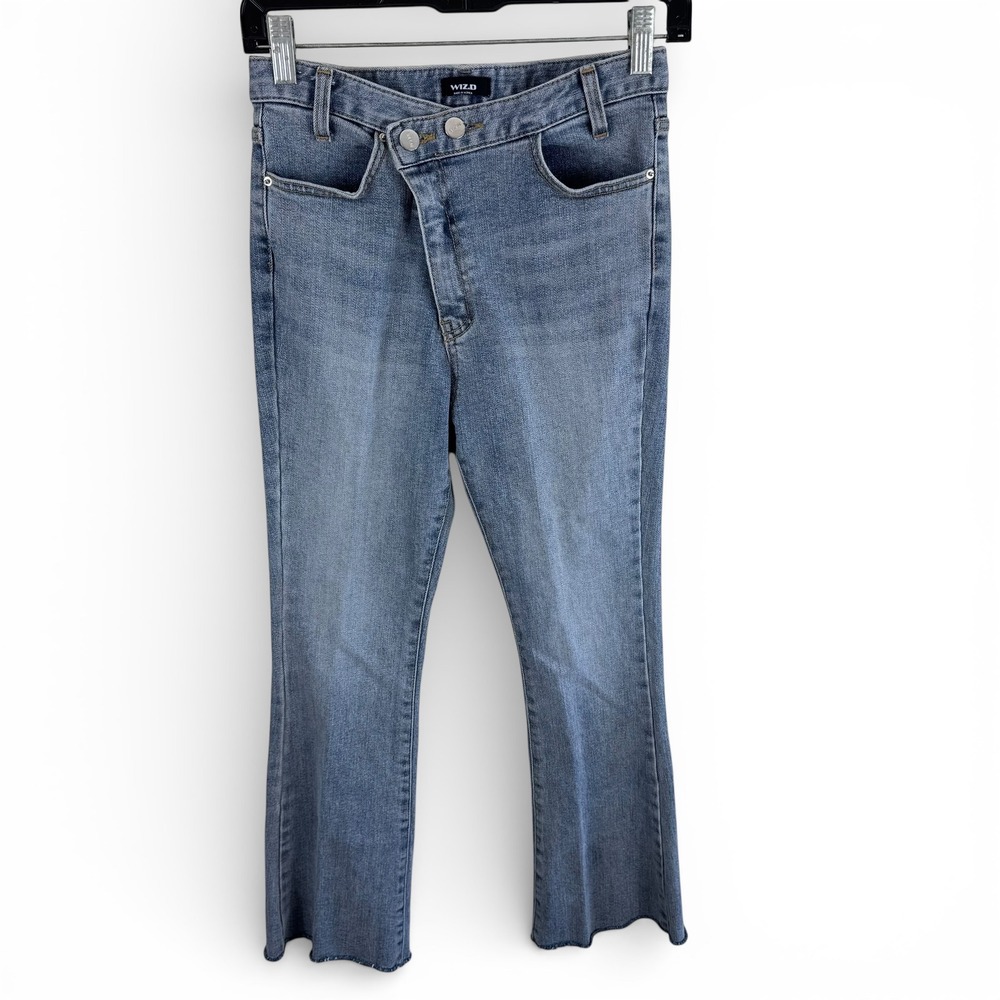 WIZ.D Womens Asymmetric Crossover Waist‎ Jeans Medium Wash Blue Raw Hem Korea